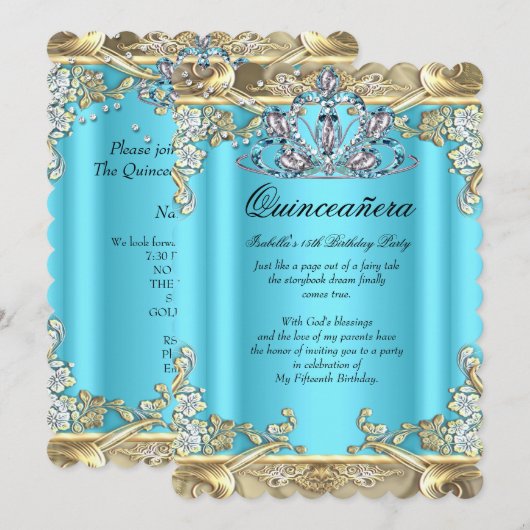Quinceanera Blue Aqua Blauwgroen Gold 15e verjaard Kaart (Voorkant / Achterkant)