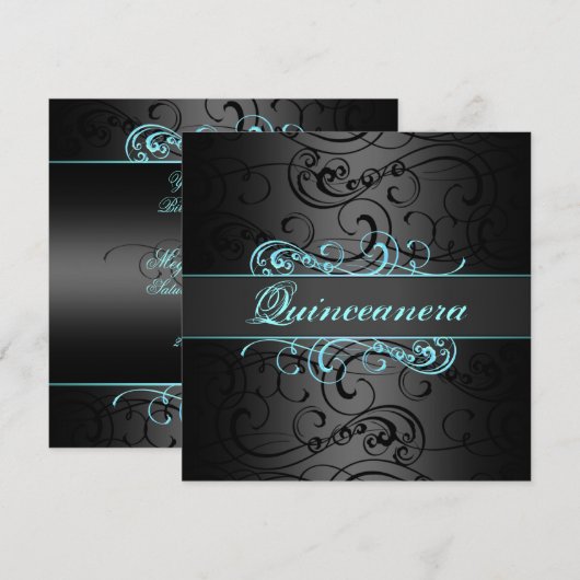 Quinceanera Blue & Black Swirl Verjaardag Uitnodig Kaart (Voorkant / Achterkant)