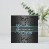 Quinceanera Blue & Black Swirl Verjaardag Uitnodig Kaart (Staand voorkant)