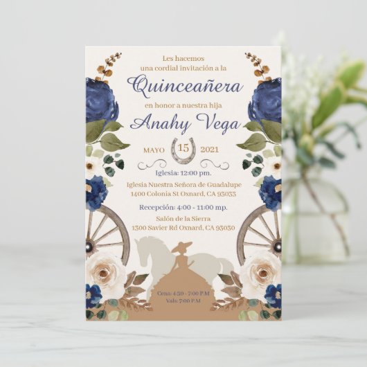 Quinceanera Blue Charra, Waterverf uitnodiging (Staand voorkant)