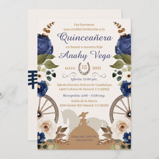 Quinceanera Blue Charra, Waterverf uitnodiging (Voorkant / Achterkant)