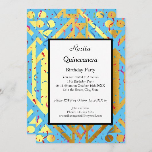 Quinceanera blue confetti Gold jarig feest Kaart (Voorkant / Achterkant)