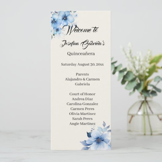 Quinceanera blue double side program card  programmakaart (Staand voorkant)