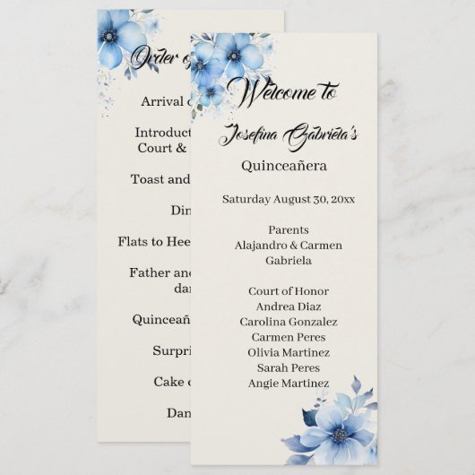 Quinceanera blue double side program card  programmakaart (Voorkant / Achterkant)