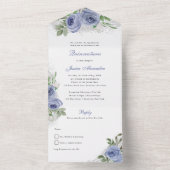 Quinceanera Blue en Silver Waterverf Flowers All In One Uitnodiging (Binnen)