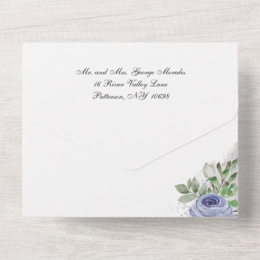 Quinceanera Blue en Silver Waterverf Flowers All In One Uitnodiging (Achterkant)