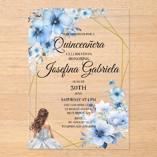 Quinceanera blue floral acryl uitnodigingen (Voorkant)