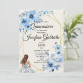 Quinceañera blue floral Invitation Kaart (Staand voorkant)