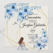 Quinceañera blue floral Invitation Kaart (Voorkant / Achterkant)