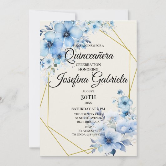 Quinceañera blue floral Invitation Kaart (Voorkant)