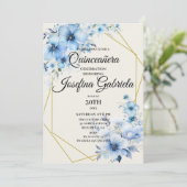 Quinceañera blue floral Invitation Kaart (Staand voorkant)