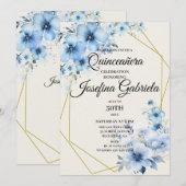 Quinceañera blue floral Invitation Kaart (Voorkant / Achterkant)