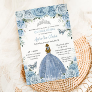 Quinceañera Blue Floral Silver Butterflies Blonde Kaart