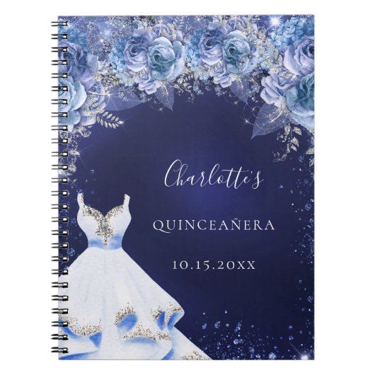 Quinceanera blue glitter jurk florele gast notitieboek (Voorkant)