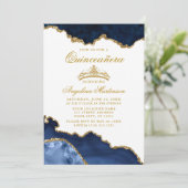 Quinceanera Blue Marble Crown Invitation Kaart (Staand voorkant)