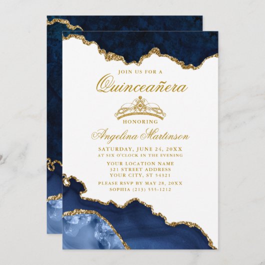 Quinceanera Blue Marble Crown Invitation Kaart (Voorkant / Achterkant)