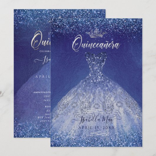Quinceanera Blue Ombre Glitter Gown Kaart (Voorkant / Achterkant)