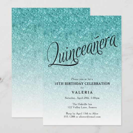 Quinceanera Blue Ombre Glitter Verjaardagsuitnodig Kaart (Voorkant / Achterkant)