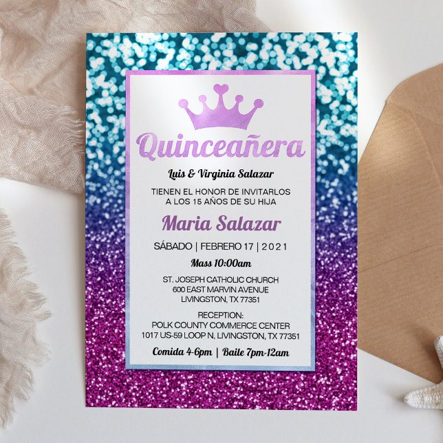 Quinceañera Blue Paars Elegant Spanish Invitation (Creator heeft geüpload)