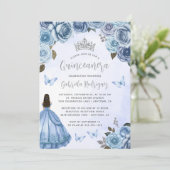 Quinceañera Blue Silver Floral Waterverf Kaart (Staand voorkant)