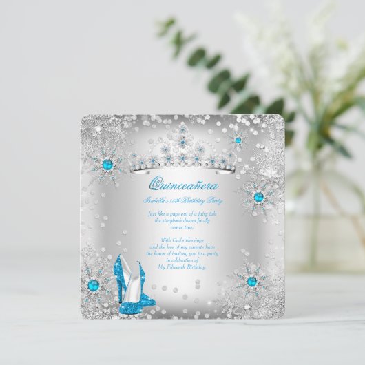 Quinceanera Blue Silver Winter Wonderland Kaart (Staand voorkant)