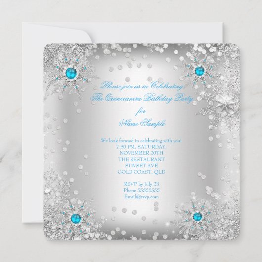 Quinceanera Blue Silver Winter Wonderland Kaart (Achterkant)