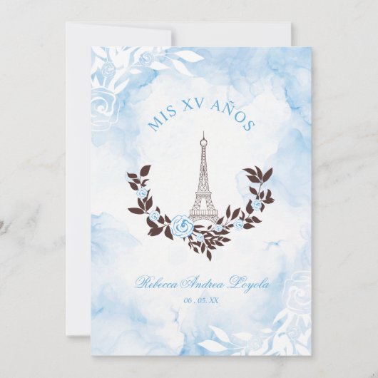 Quinceañera Blue Watercolor Chic Paris Eiffel Kaart (Voorkant)