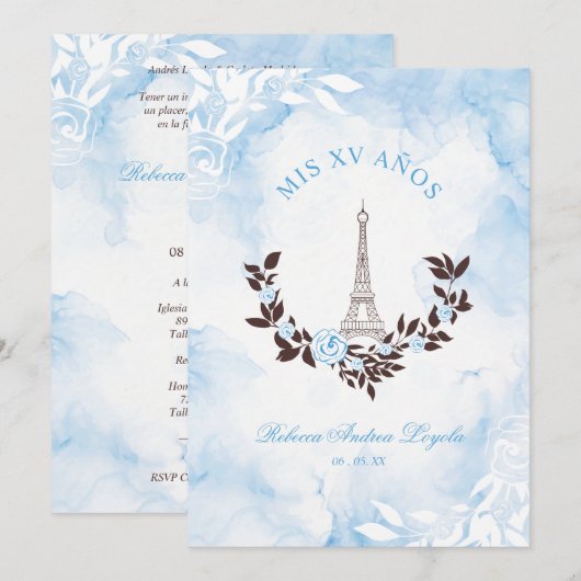 Quinceañera Blue Watercolor Chic Paris Eiffel Kaart (Voorkant / Achterkant)