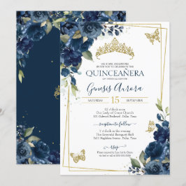 Quinceañera Blue Waterverf Floral Gold Butterfly Kaart