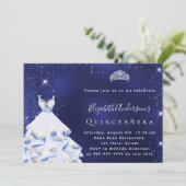 Quinceanera blue zilveren glitter tiara kaart (Staand voorkant)