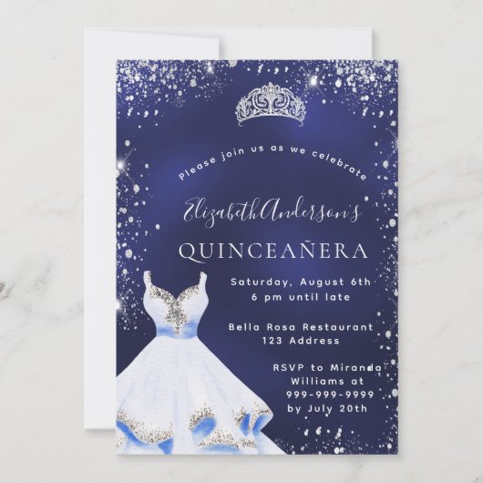 Quinceanera blue zilveren glitter tiara kaart (Voorkant)