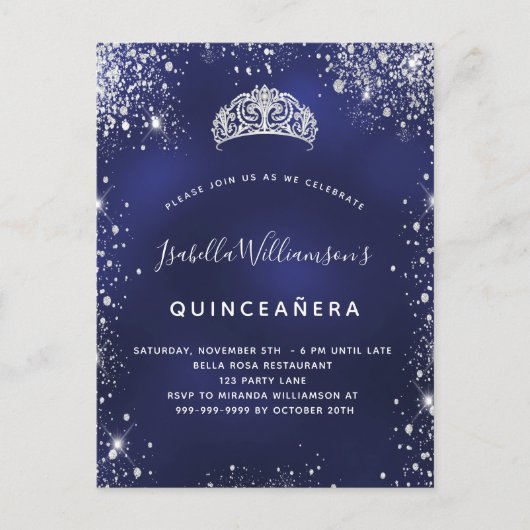 Quinceanera blue zilveren glitter uitnodiging briefkaart (Voorkant)