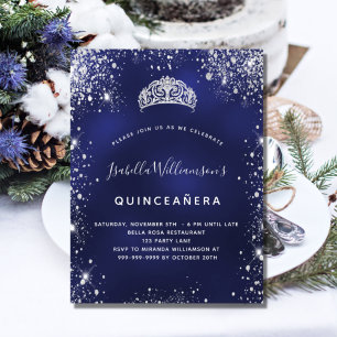 Quinceanera blue zilveren glitter uitnodiging briefkaart