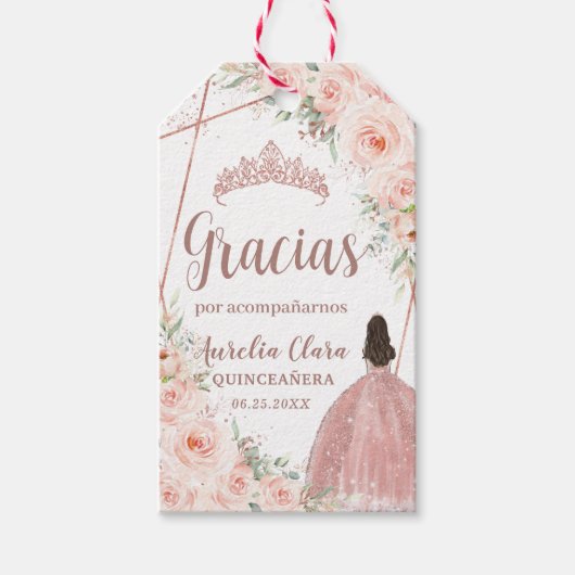 Quinceañera Blush Bloem Roze Goud Prinsessen Jurk Cadeaulabel (Voorkant)
