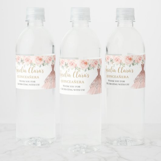 Quinceañera Blush Bloemen Jurk Sweet 16 Verjaardag Waterfles Etiket (Flessen)