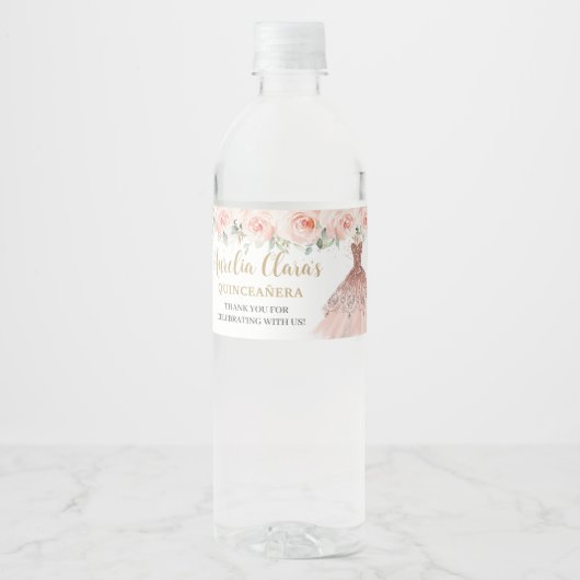 Quinceañera Blush Bloemen Jurk Sweet 16 Verjaardag Waterfles Etiket (Voorkant)