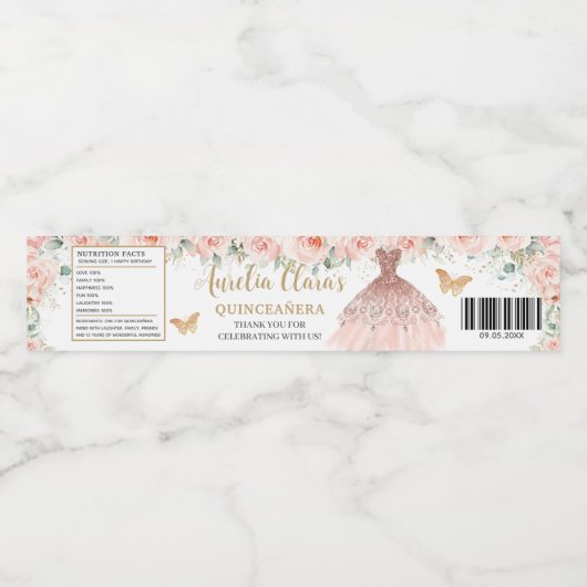 Quinceañera Blush Bloemen Jurk Sweet 16 Vlinder Waterfles Etiket (Enkel label)