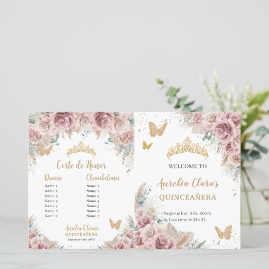 Quinceañera Blush Bloemen Pampas Padrinos Programm (Staand voorkant)