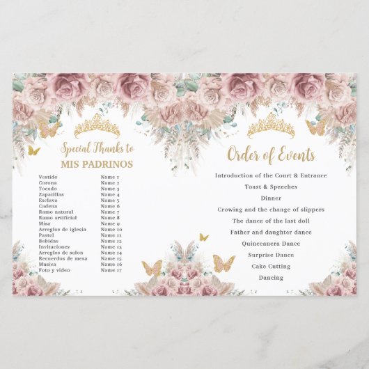 Quinceañera Blush Bloemen Pampas Padrinos Programm (Achterkant)