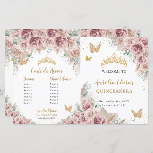 Quinceañera Blush Bloemen Pampas Padrinos Programm (Voorkant / Achterkant)