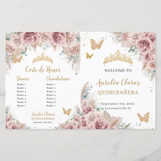 Quinceañera Blush Bloemen Pampas Padrinos Programm (Voorkant)