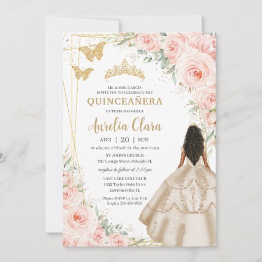 Quinceanera Blush Bloemen Prinses Champagne Jurk Kaart (Voorkant)