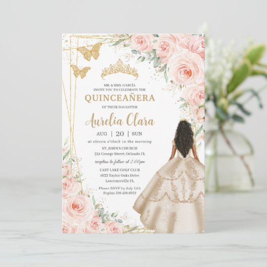 Quinceanera Blush Bloemen Prinses Champagne Jurk Kaart (Staand voorkant)
