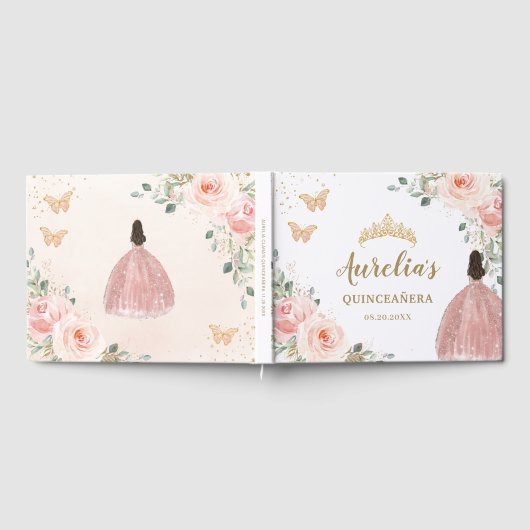 QUINCEANERA Blush Bloemen Prinses Vlinders Goud Gastenboek (Volledig)