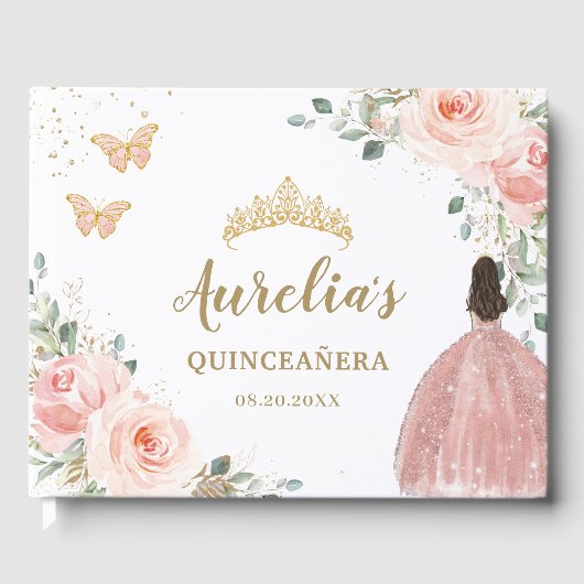 QUINCEANERA Blush Bloemen Prinses Vlinders Goud Gastenboek (Voorkant)