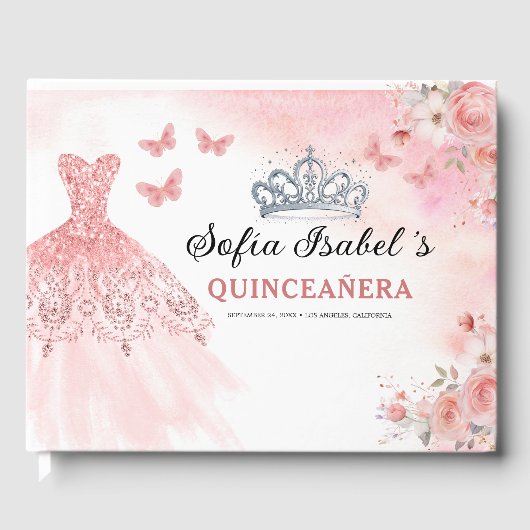 Quinceañera Blush Bloemen Prinses Vlinders Goud Gastenboek (Voorkant)