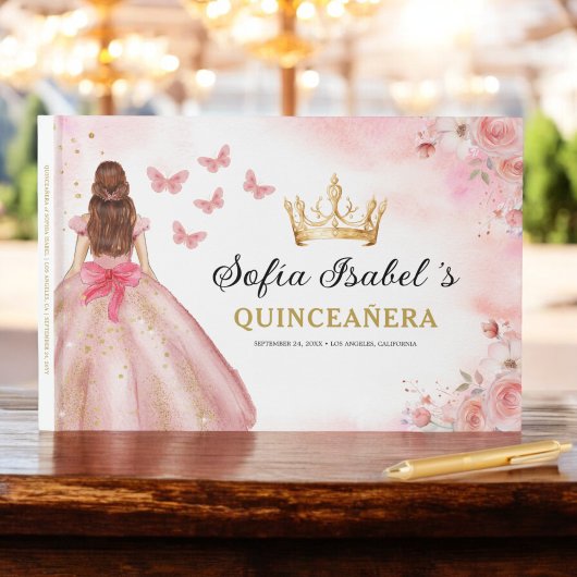 Quinceañera Blush Bloemen Prinses Vlinders Goud Gastenboek