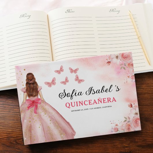Quinceañera Blush Bloemen Prinses Vlinders Goud Gastenboek