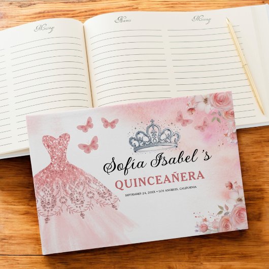 Quinceañera Blush Bloemen Prinses Vlinders Goud Gastenboek