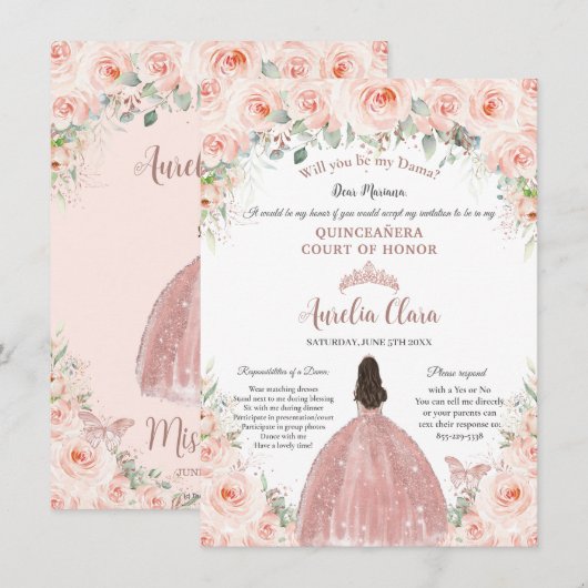 Quinceañera Blush Bloemen Roos Goud Dama Voorstel Kaart (Voorkant / Achterkant)